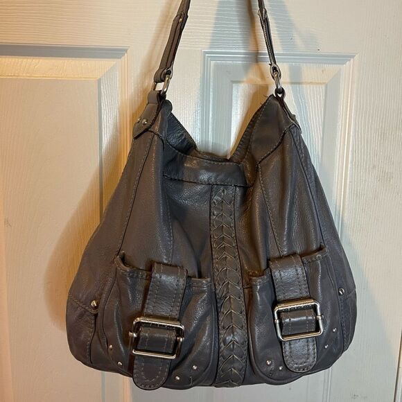 Tignanello leather gray slouch shoulder bag with silver tone hardwares &accents - Picture 1 of 12